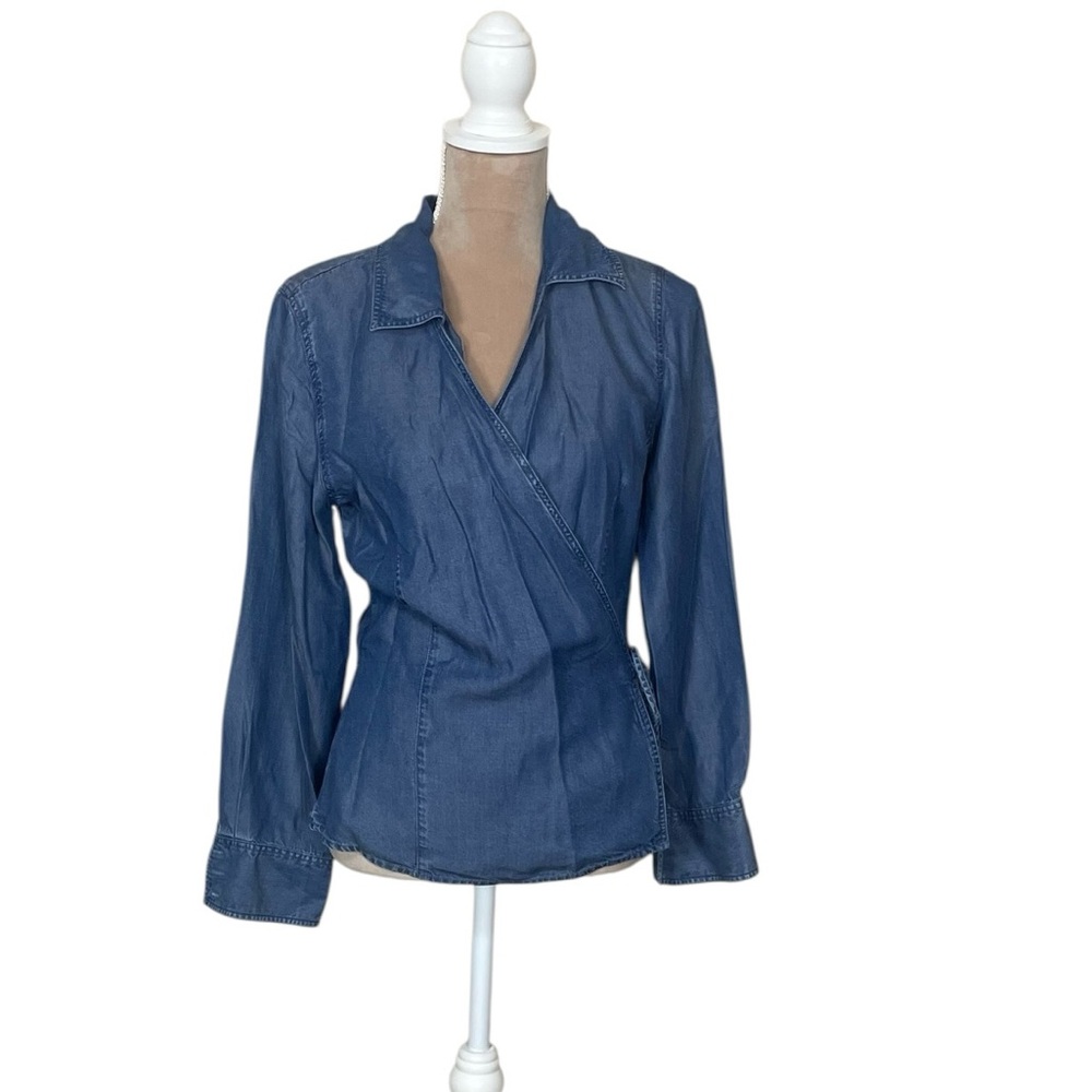 EUC J. Jill Chambray Pleated Long Sleeve Wrap-Front Blouse